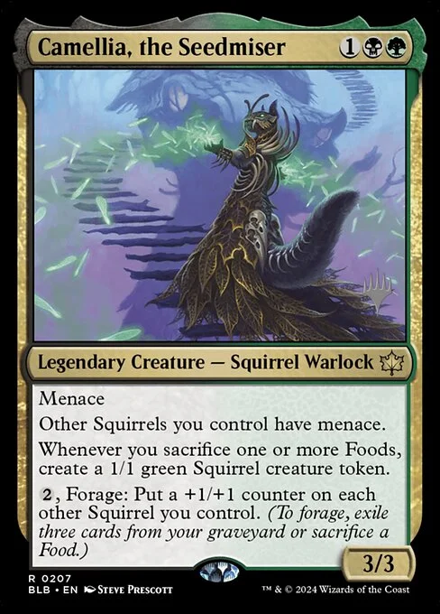 Camellia, the Seedmiser, carta Magic di tipo Legendary Creature — Squirrel Warlock illustrata da Steve Prescott