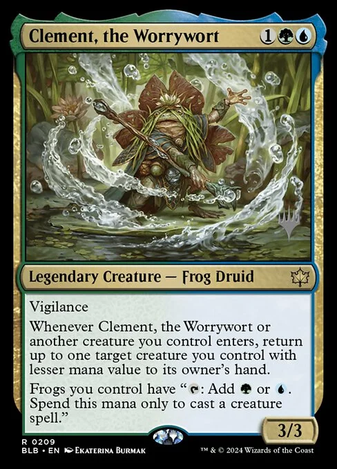 Clement, the Worrywort, carta Magic di tipo Legendary Creature — Frog Druid illustrata da Ekaterina Burmak