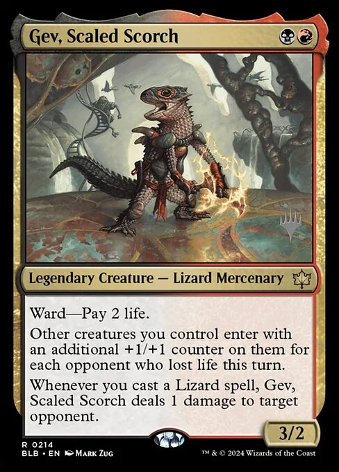 Gev, Scaled Scorch, carta Magic di tipo Legendary Creature — Lizard Mercenary illustrata da Mark Zug