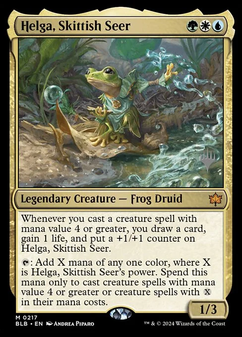 Helga, Skittish Seer, carta Magic di tipo Legendary Creature — Frog Druid illustrata da Andrea Piparo