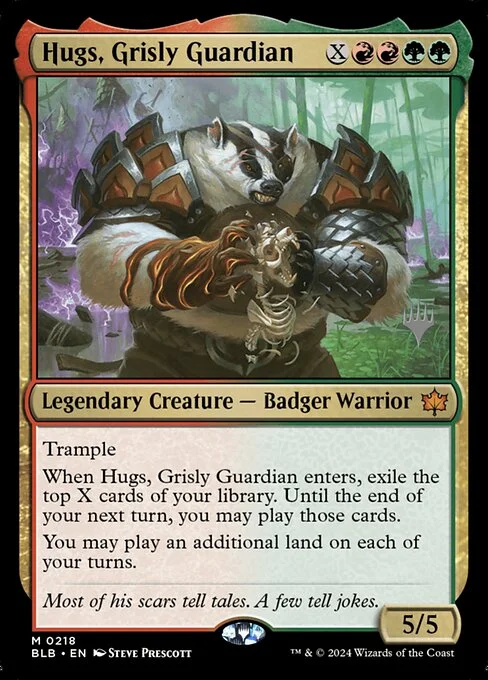 Hugs, Grisly Guardian, carta Magic di tipo Legendary Creature — Badger Warrior illustrata da Steve Prescott