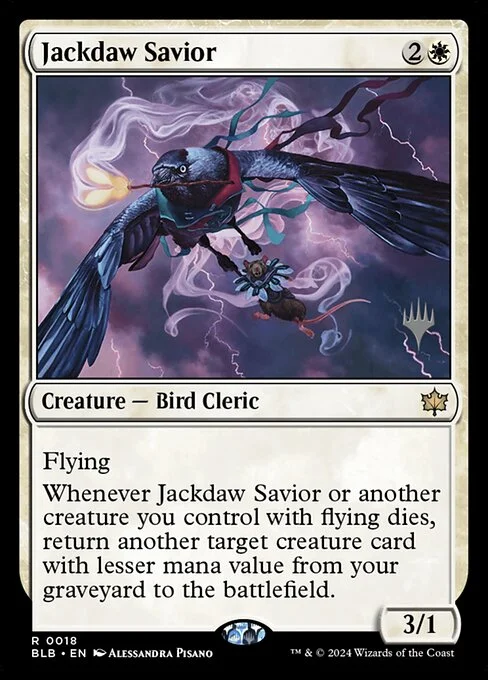 Jackdaw Savior, carta Magic di tipo Creature — Bird Cleric illustrata da Alessandra Pisano