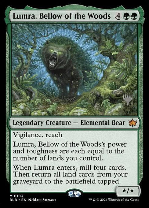 Lumra, Bellow of the Woods, carta Magic di tipo Legendary Creature — Elemental Bear illustrata da Matt Stewart
