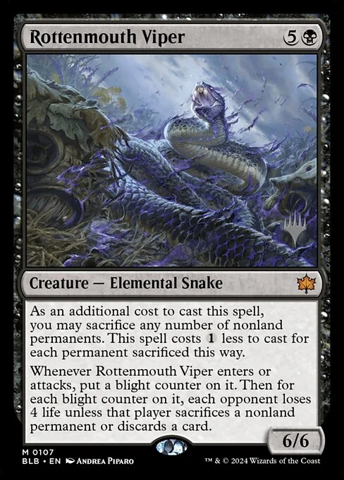 Rottenmouth Viper, carta Magic di tipo Creature — Elemental Snake illustrata da Andrea Piparo