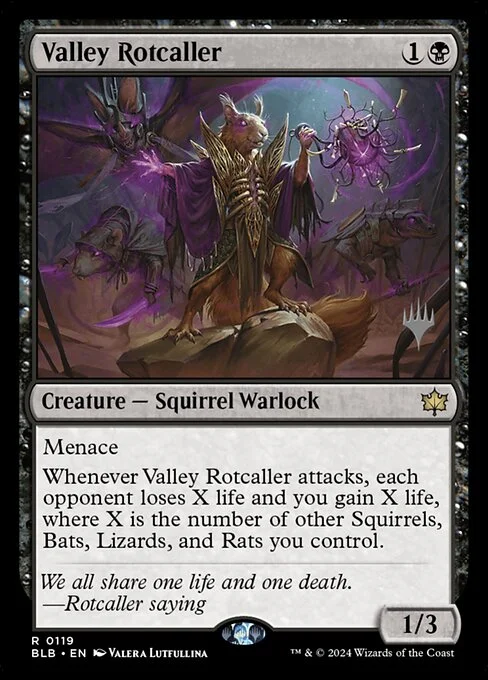 Valley Rotcaller, carta Magic di tipo Creature — Squirrel Warlock illustrata da Valera Lutfullina