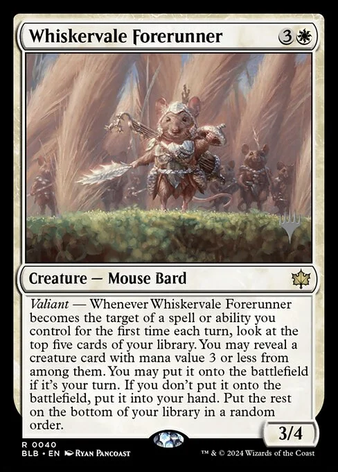 Whiskervale Forerunner, carta Magic di tipo Creature — Mouse Bard illustrata da Ryan Pancoast