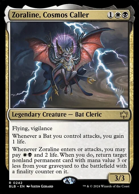 Zoraline, Cosmos Caller, carta Magic di tipo Legendary Creature — Bat Cleric illustrata da Justin Gerard