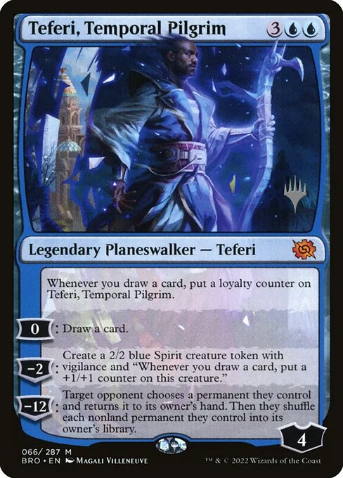 Teferi, Temporal Pilgrim, carta Magic di tipo Legendary Planeswalker — Teferi illustrata da Magali Villeneuve
