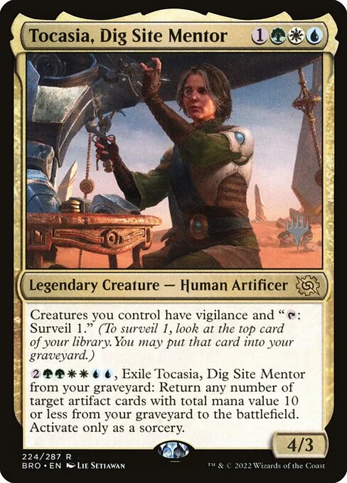 Tocasia, Dig Site Mentor, carta Magic di tipo Legendary Creature — Human Artificer illustrata da Lie Setiawan