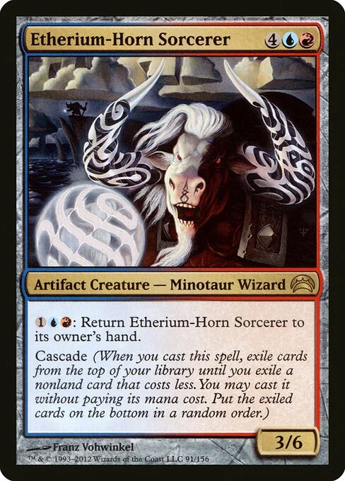 Etherium-Horn Sorcerer, carta Magic di tipo Artifact Creature — Minotaur Wizard Sorcerer illustrata da Franz Vohwinkel