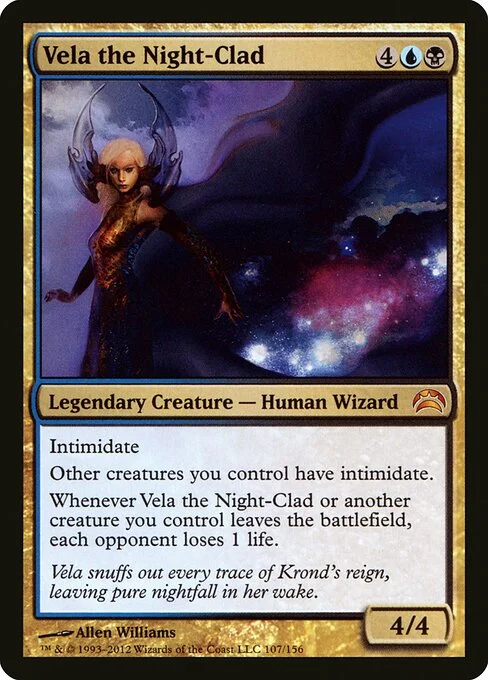 Vela the Night-Clad, carta Magic di tipo Legendary Creature — Human Wizard illustrata da Allen Williams