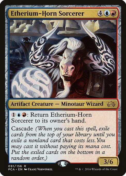Etherium-Horn Sorcerer, carta Magic di tipo Artifact Creature — Minotaur Wizard Sorcerer illustrata da Franz Vohwinkel