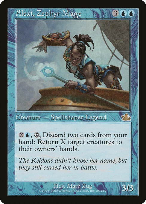 Alexi, Zephyr Mage, carta Magic di tipo Legendary Creature — Human Spellshaper illustrata da Mark Zug