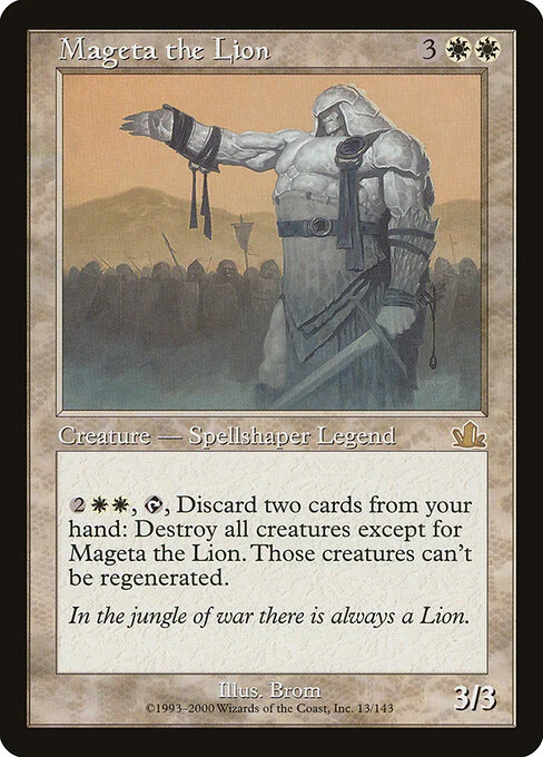 Mageta the Lion, carta Magic di tipo Legendary Creature — Human Spellshaper illustrata da Brom