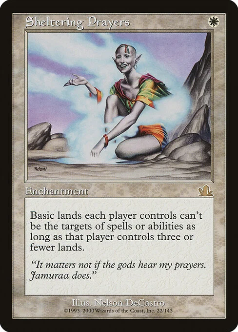 Sheltering Prayers, carta Magic di tipo Enchantment illustrata da Nelson DeCastro
