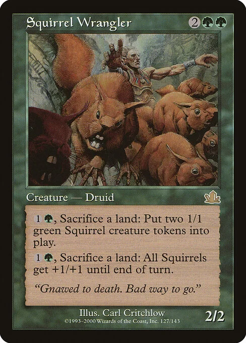 Squirrel Wrangler, carta Magic di tipo Creature — Human Druid illustrata da Carl Critchlow