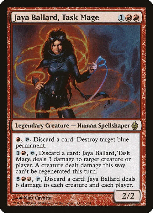 Jaya Ballard, Task Mage, carta Magic di tipo Legendary Creature — Human Spellshaper illustrata da Matt Cavotta