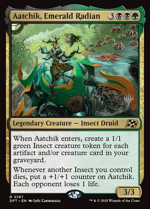 Aatchik, Emerald Radian, carta Magic di tipo Legendary Creature — Insect Druid illustrata da Loïc Canavaggia