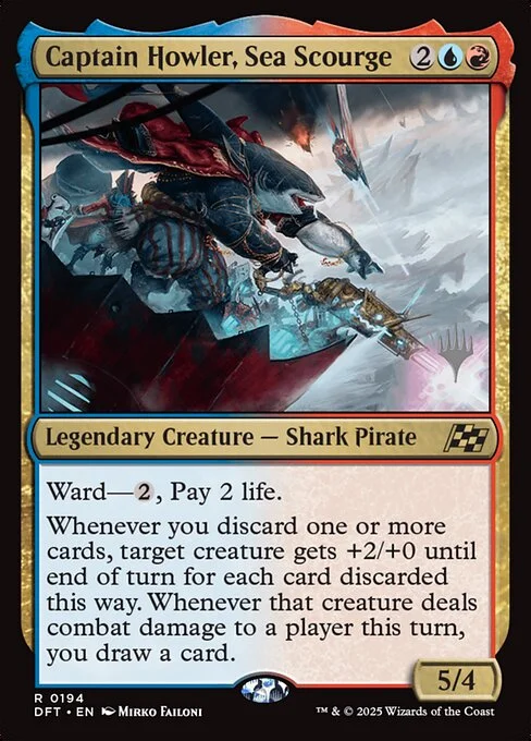 Captain Howler, Sea Scourge, carta Magic di tipo Legendary Creature — Shark Pirate illustrata da Mirko Failoni