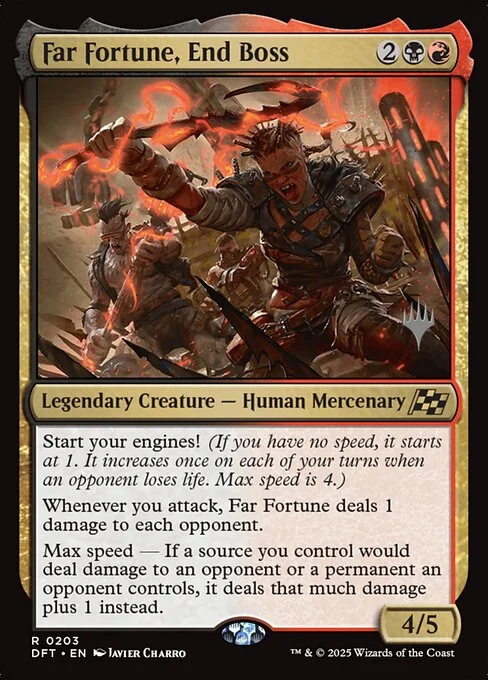 Far Fortune, End Boss, carta Magic di tipo Legendary Creature — Human Mercenary illustrata da Javier Charro