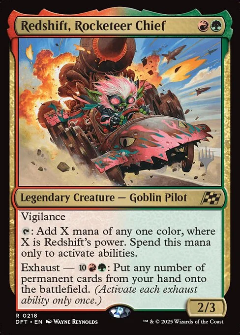 Redshift, Rocketeer Chief, carta Magic di tipo Legendary Creature — Goblin Pilot illustrata da Wayne Reynolds