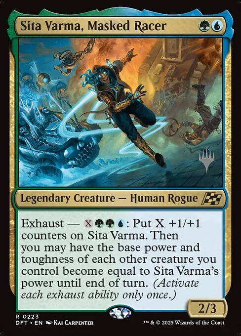 Sita Varma, Masked Racer, carta Magic di tipo Legendary Creature — Human Rogue illustrata da Kai Carpenter