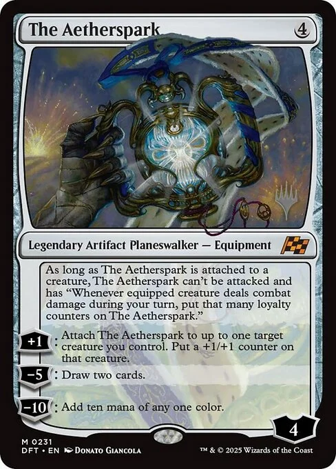 The Aetherspark, carta Magic di tipo Legendary Artifact Planeswalker — Equipment illustrata da Donato Giancola
