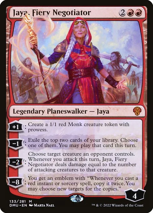 Jaya, Fiery Negotiator, carta Magic di tipo Legendary Planeswalker — Jaya illustrata da Marta Nael