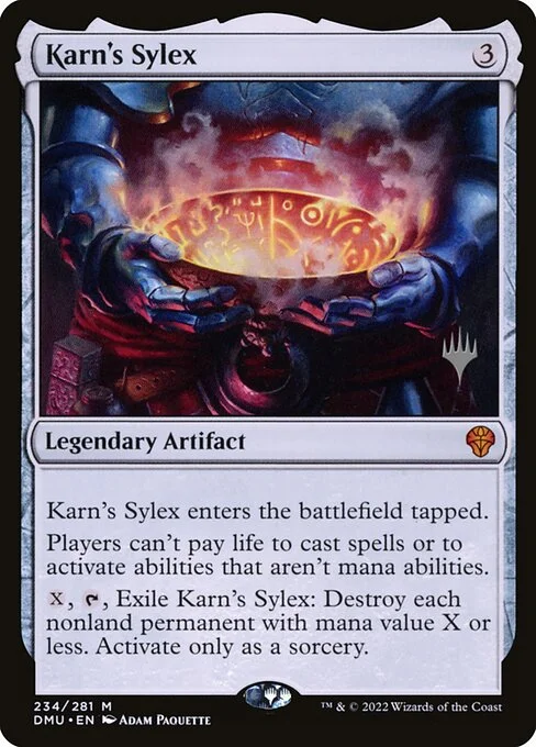 Karn's Sylex, carta Magic di tipo Legendary Artifact illustrata da Adam Paquette