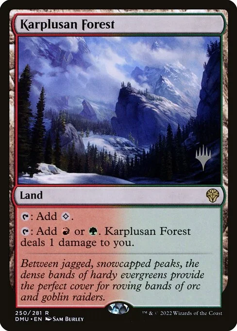 Karplusan Forest, carta Magic di tipo Land illustrata da Sam Burley