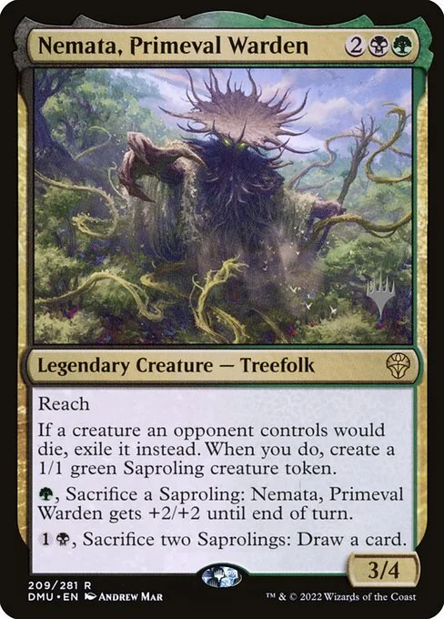 Nemata, Primeval Warden, carta Magic di tipo Legendary Creature — Treefolk illustrata da Andrew Mar