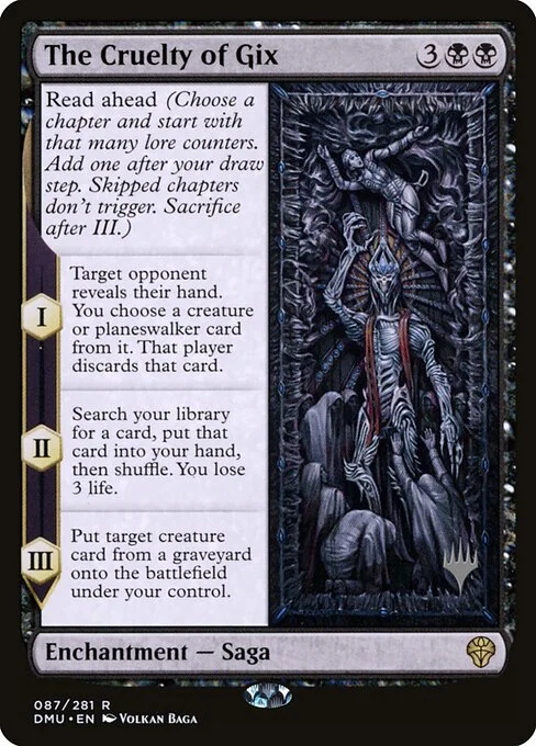 The Cruelty of Gix, carta Magic di tipo Enchantment — Saga illustrata da Volkan Baǵa
