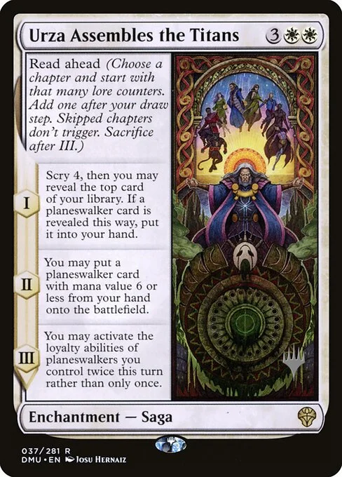 Urza Assembles the Titans, carta Magic di tipo Enchantment — Saga illustrata da Josu Hernaiz