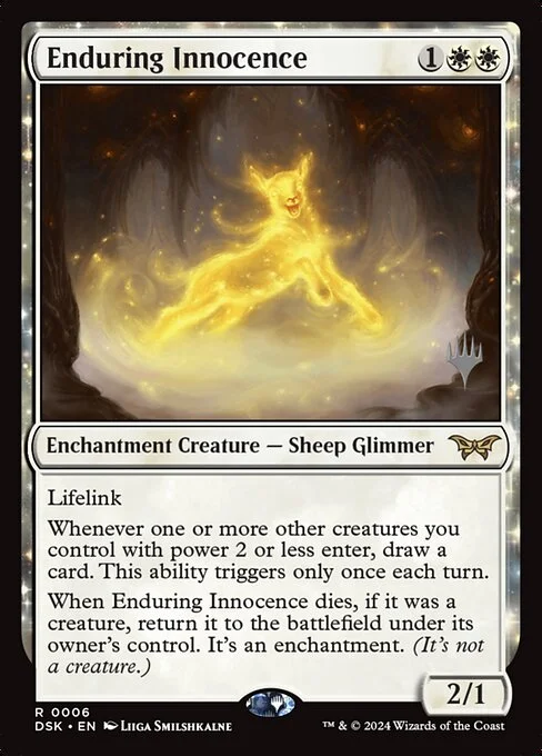 Enduring Innocence, carta Magic di tipo Enchantment Creature — Sheep Glimmer illustrata da Liiga Smilshkalne