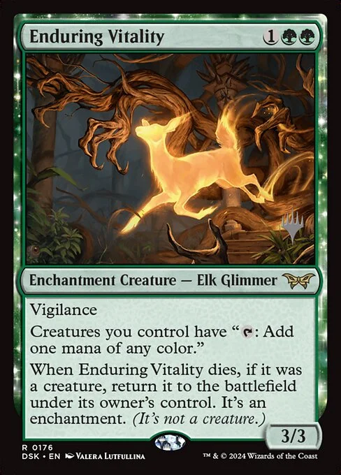 Enduring Vitality, carta Magic di tipo Enchantment Creature — Elk Glimmer illustrata da Valera Lutfullina