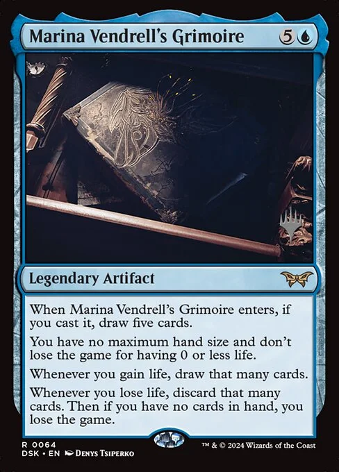 Marina Vendrell's Grimoire, carta Magic di tipo Legendary Artifact — Book illustrata da Denys Tsiperko