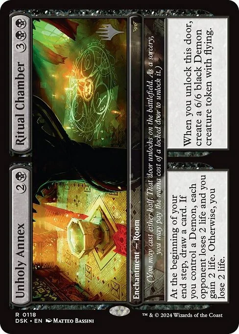 Unholy Annex // Ritual Chamber, carta Magic di tipo Enchantment — Room // Enchantment — Room illustrata da Matteo Bassini