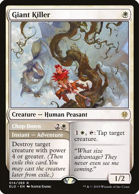 Giant Killer // Chop Down, carta Magic di tipo Creature — Human Peasant // Instant — Adventure illustrata da Jesper Ejsing