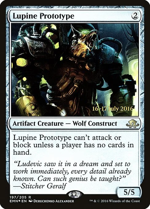 Lupine Prototype, carta Magic di tipo Artifact Creature — Wolf Construct illustrata da Deruchenko Alexander