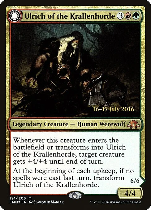 Ulrich of the Krallenhorde // Ulrich, Uncontested Alpha, carta Magic di tipo Legendary Creature — Human Werewolf // Legendary Creature — Werewolf illustrata da Slawomir Maniak