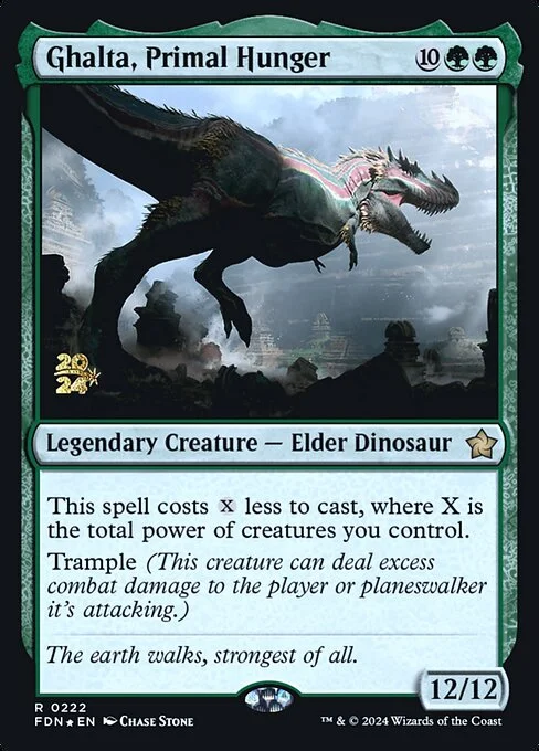 Ghalta, Primal Hunger, carta Magic di tipo Legendary Creature — Elder Dinosaur illustrata da Chase Stone