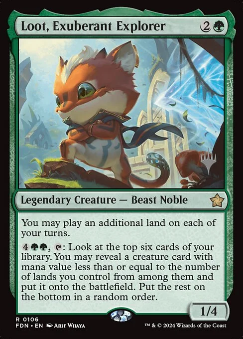 Loot, Exuberant Explorer, carta Magic di tipo Legendary Creature — Beast Noble illustrata da Arif Wijaya