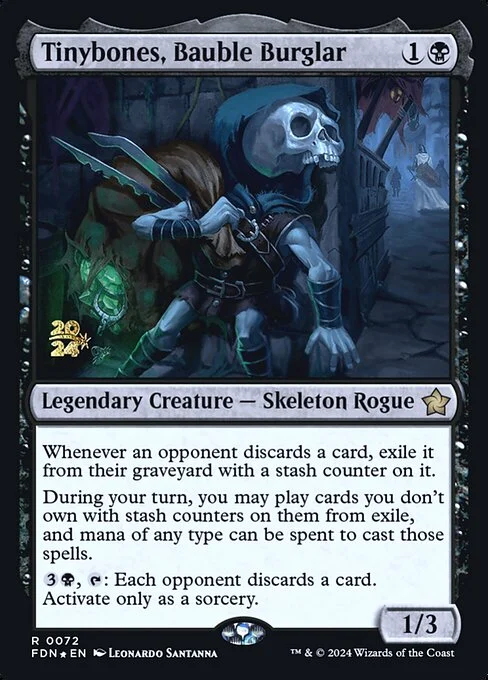 Tinybones, Bauble Burglar, carta Magic di tipo Legendary Creature — Skeleton Rogue illustrata da Leonardo Santanna