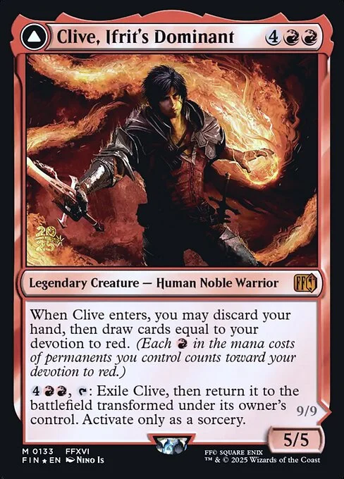 Clive, Ifrit's Dominant // Ifrit, Warden of Inferno, carta Magic di tipo Legendary Creature — Human Noble Warrior // Legendary Enchantment Creature — Saga Demon illustrata da Nino Is