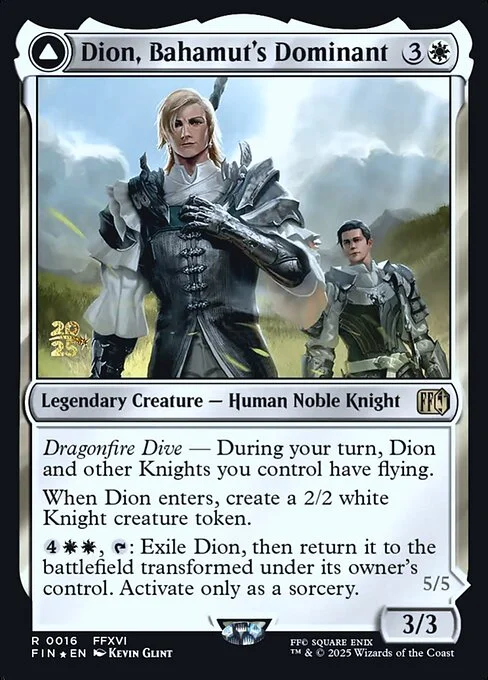 Dion, Bahamut's Dominant // Bahamut, Warden of Light, carta Magic di tipo Legendary Creature — Human Noble Knight // Legendary Enchantment Creature — Saga Dragon illustrata da Kevin Glint