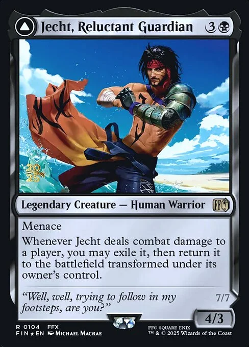 Jecht, Reluctant Guardian // Braska's Final Aeon, carta Magic di tipo Legendary Creature — Human Warrior // Legendary Enchantment Creature — Saga Nightmare illustrata da Michael MacRae