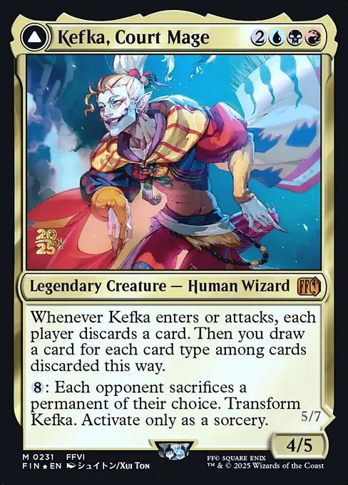 Kefka, Court Mage // Kefka, Ruler of Ruin, carta Magic di tipo Legendary Creature — Human Wizard // Legendary Creature — Avatar Wizard illustrata da Xui Ton
