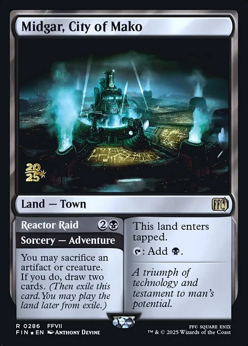 Midgar, City of Mako // Reactor Raid, carta Magic di tipo Land — Town // Sorcery — Adventure illustrata da Anthony Devine