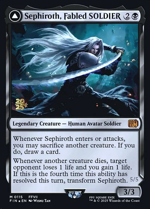 Sephiroth, Fabled SOLDIER // Sephiroth, One-Winged Angel, carta Magic di tipo Legendary Creature — Human Avatar Soldier // Legendary Creature — Angel Nightmare Avatar illustrata da Wisnu Tan