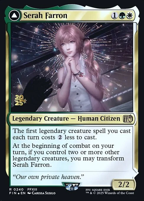Serah Farron // Crystallized Serah, carta Magic di tipo Legendary Creature — Human Citizen // Legendary Artifact illustrata da Carissa Susilo